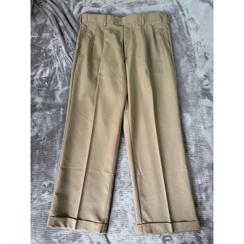 Savane Mens Tan Pleated Dress Pants 36x28 Khaki Polyester‎ Cuffed Trousers.